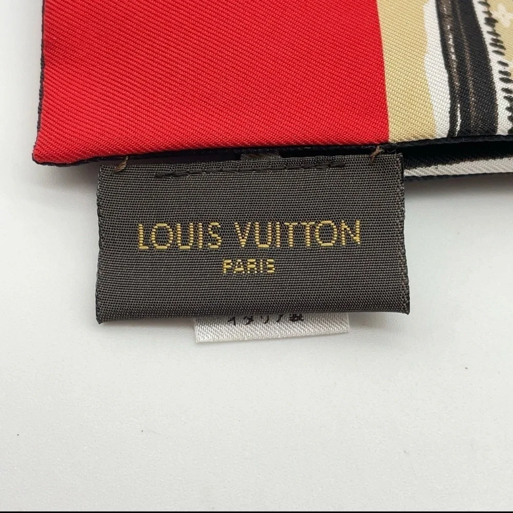 Auth Louis Vuitton Twilly Monogram Bandeau Red Silk Scarf/WB